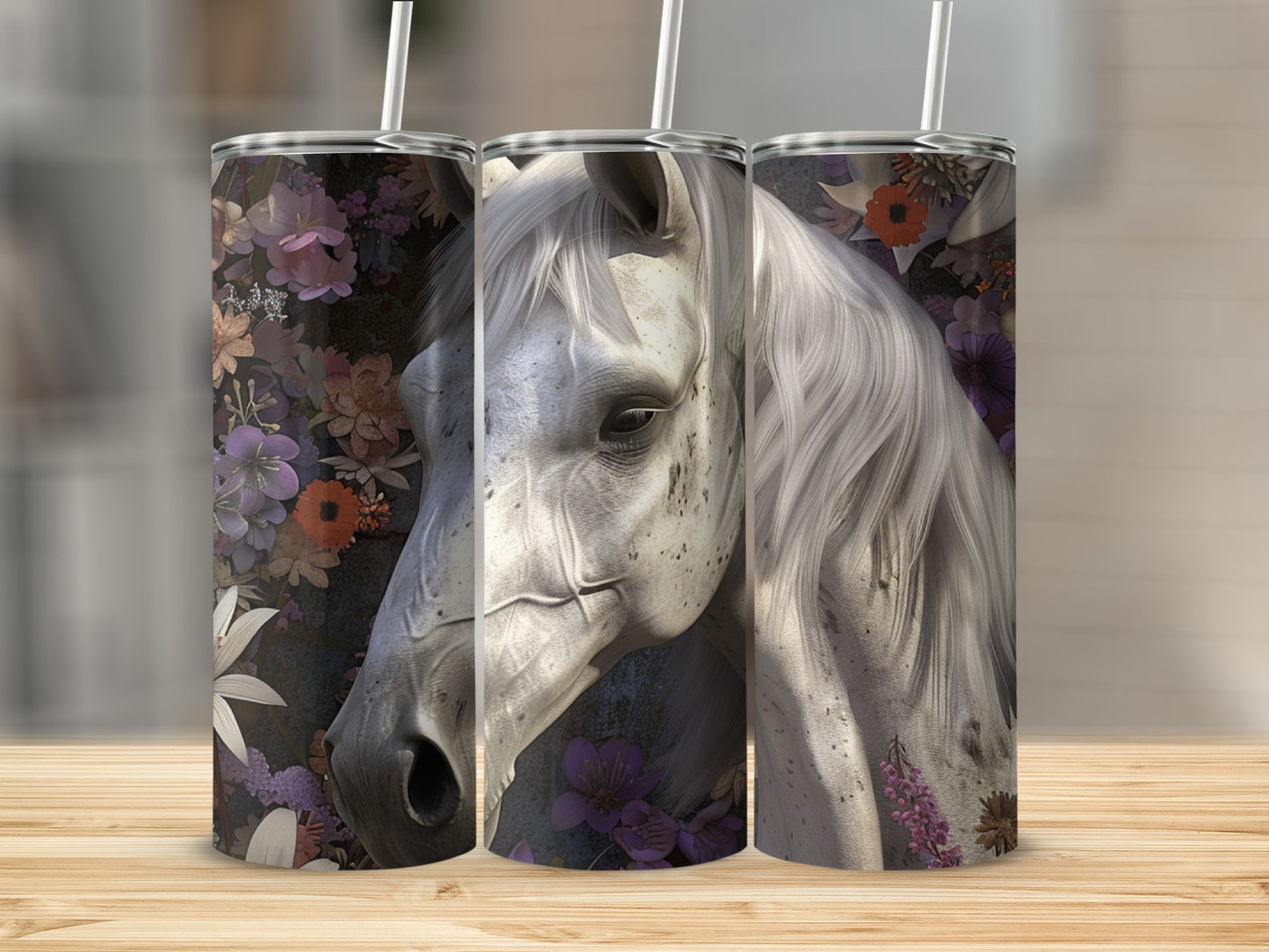 Three tumblers featuring a close-up of a white horse head with floral accents.