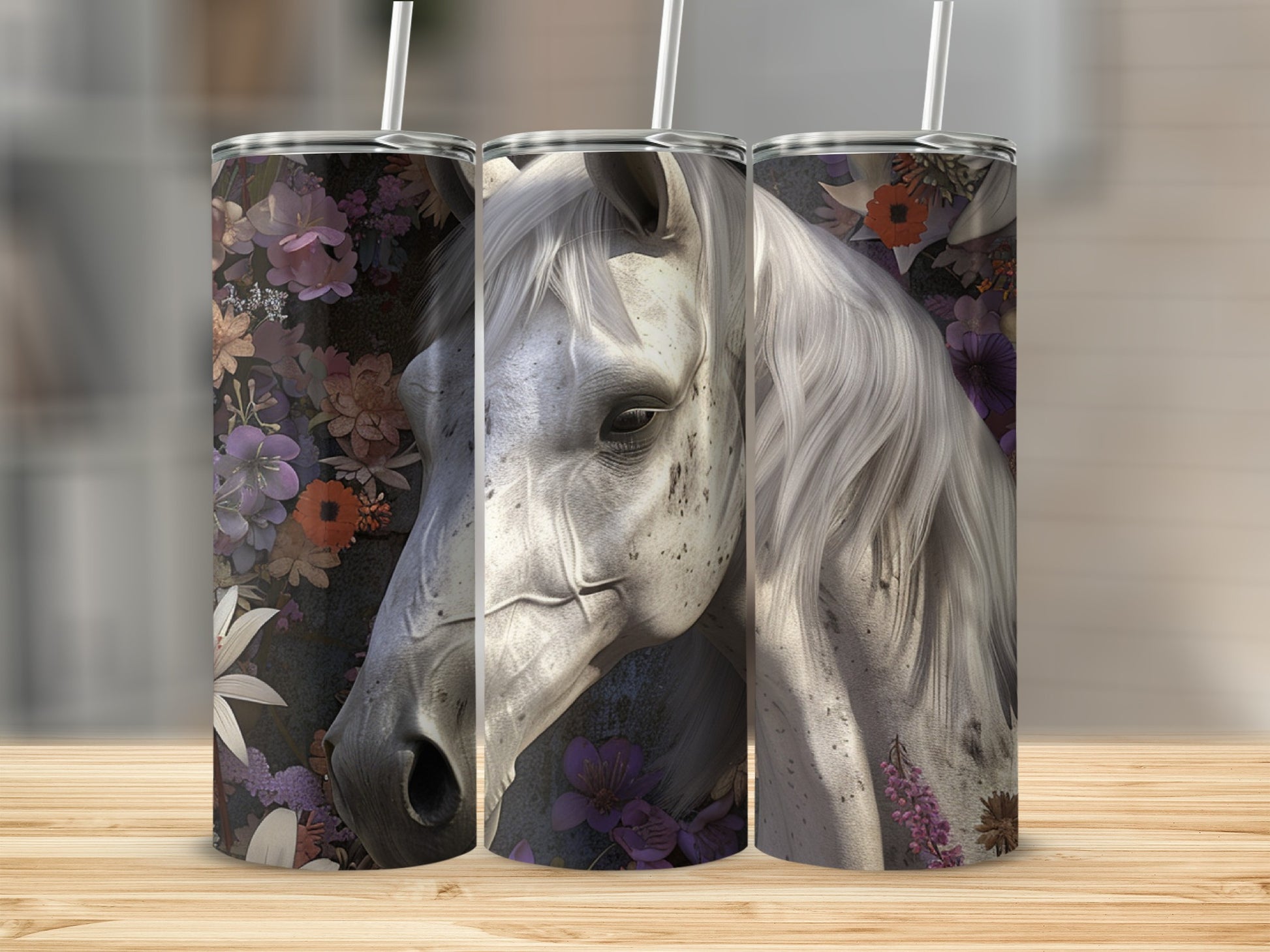 Three tumblers featuring a close-up of a white horse head with floral accents.