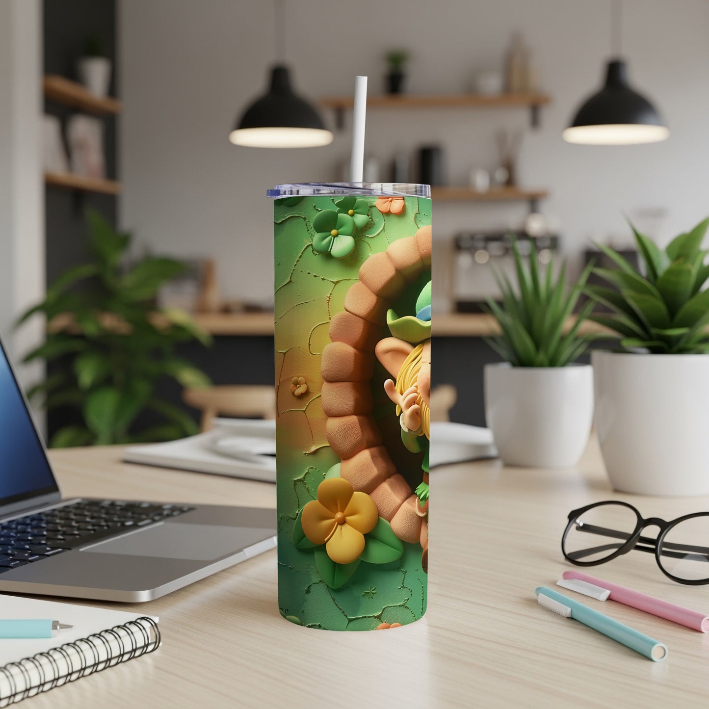 Green tumbler with cartoon leprechaun and floral accents.