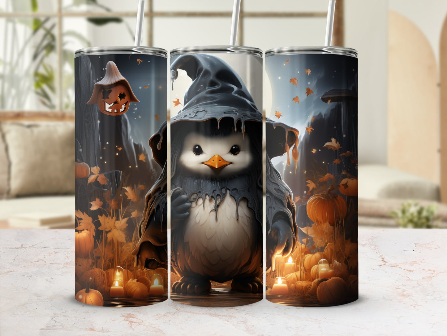 Three tumblers with a Halloween-themed design featuring a penguin in a wizard hat surrounded by pumpkins.