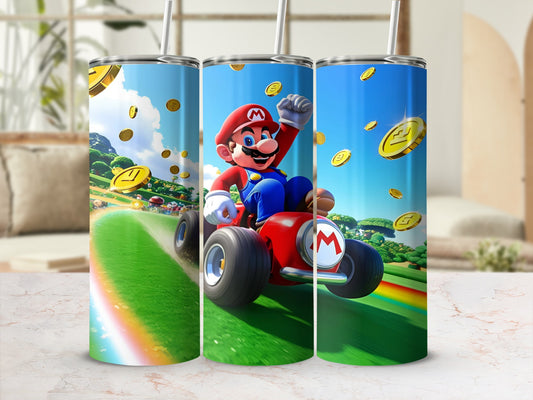 Mario Kart tumbler with Mario driving a red kart on a rainbow road.