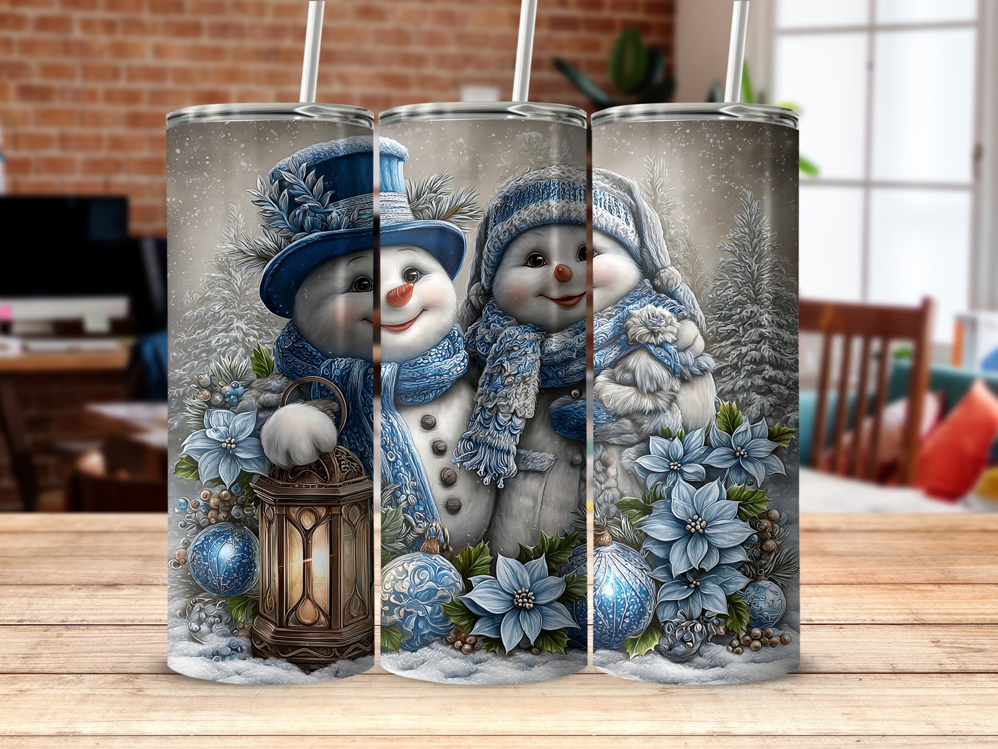 Festive Snowman and Snowlady Winter Scene Beverage Tumbler