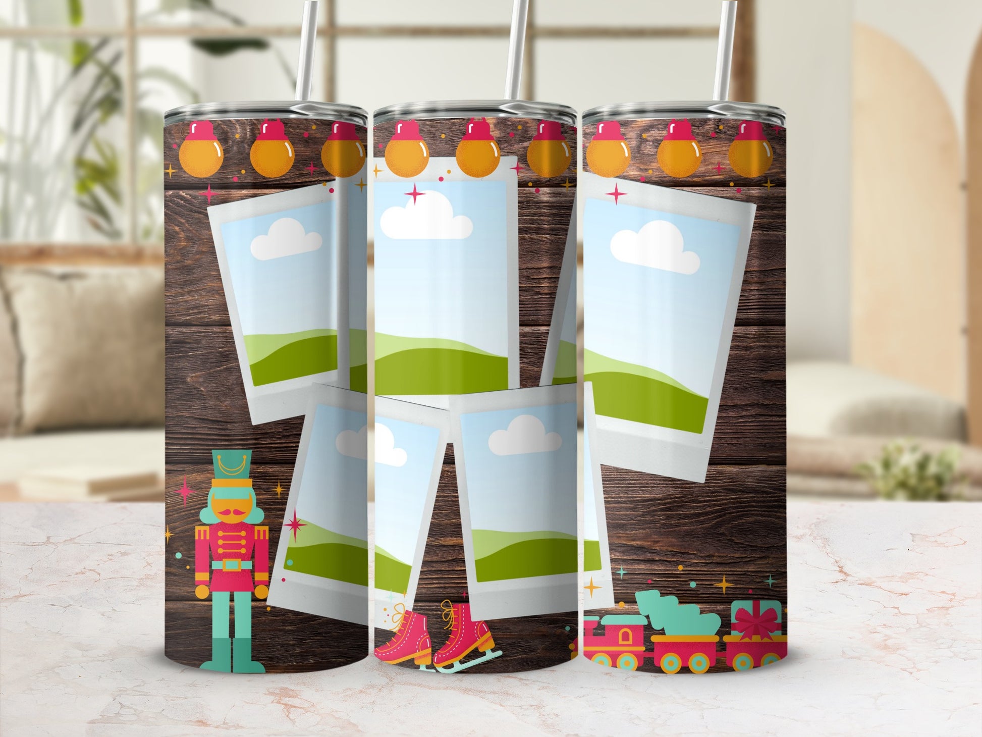 Tall tumbler with wood grain background, overlaid with photos, a nutcracker, skates, and a train.