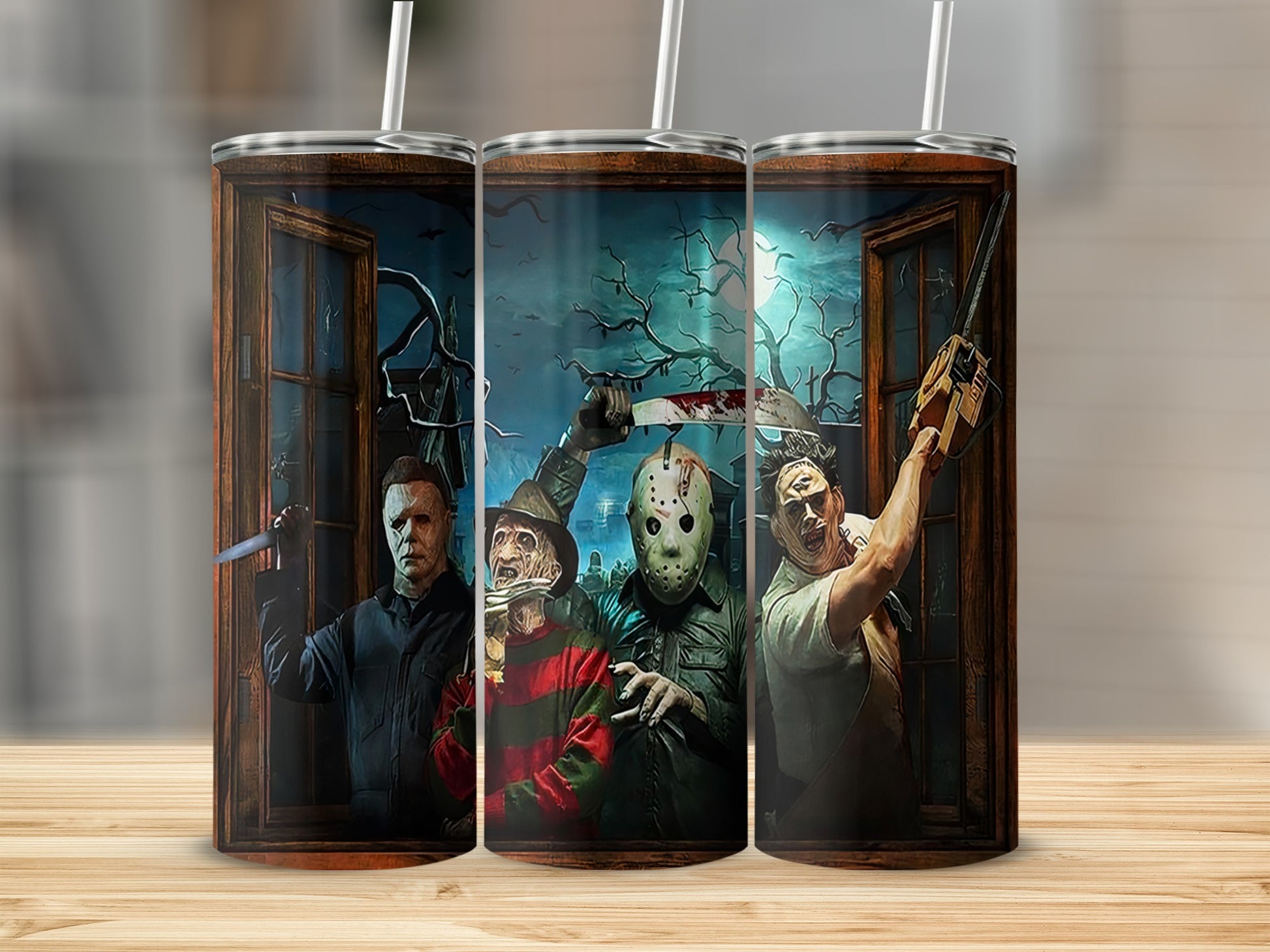 Tumbler with Michael Myers, Freddy Krueger, Jason Voorhees, and Leatherface horror movie characters.