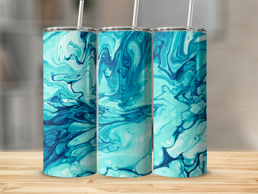 Three tumblers with blue and teal marbled liquid art design.