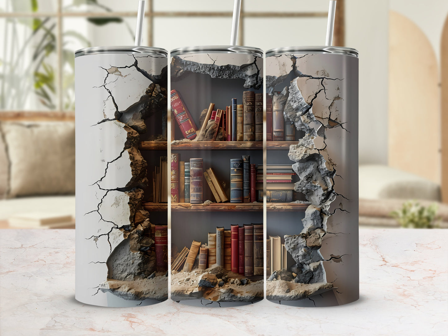 Three tumblers with cracked plaster revealing bookshelves and books.