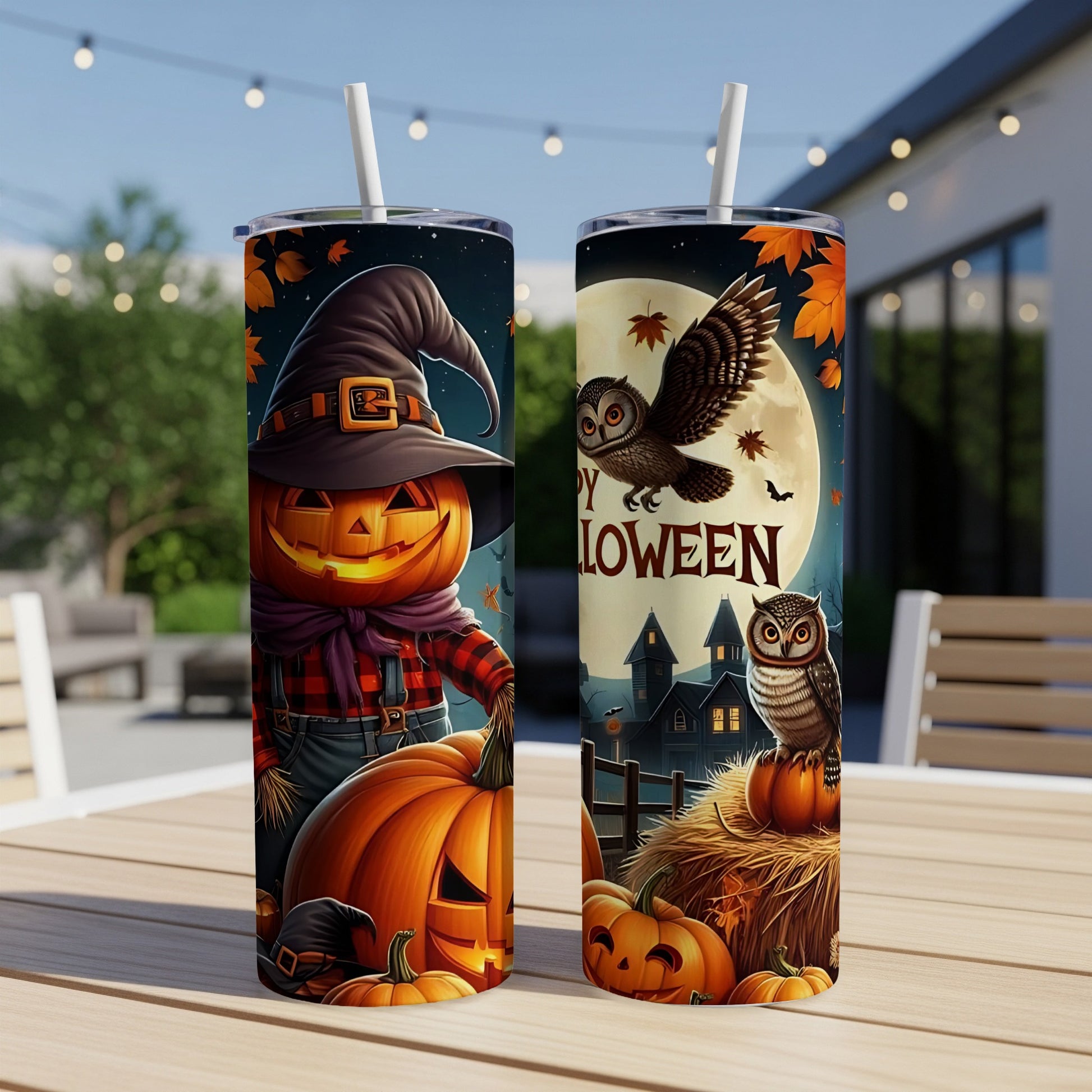 Two Halloween themed tumblers with a pumpkin scarecrow and owls under a full moon.