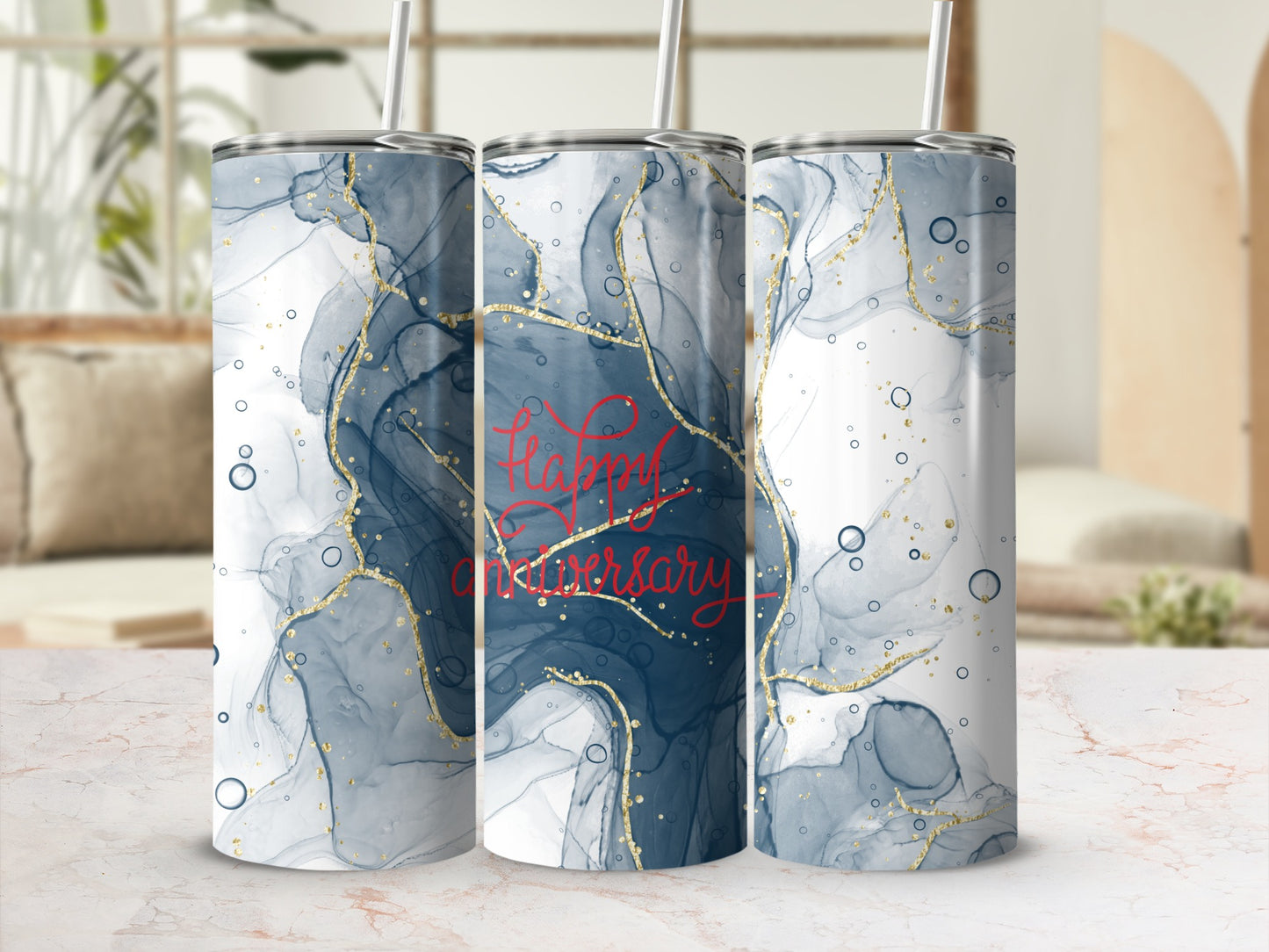 Tumbler with abstract blue and gold design, "Happy Anniversary" text.