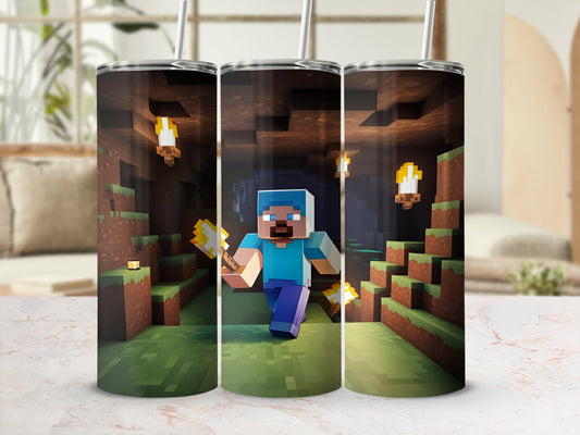 Minecraft Steve running through a blocky cave with torches.
