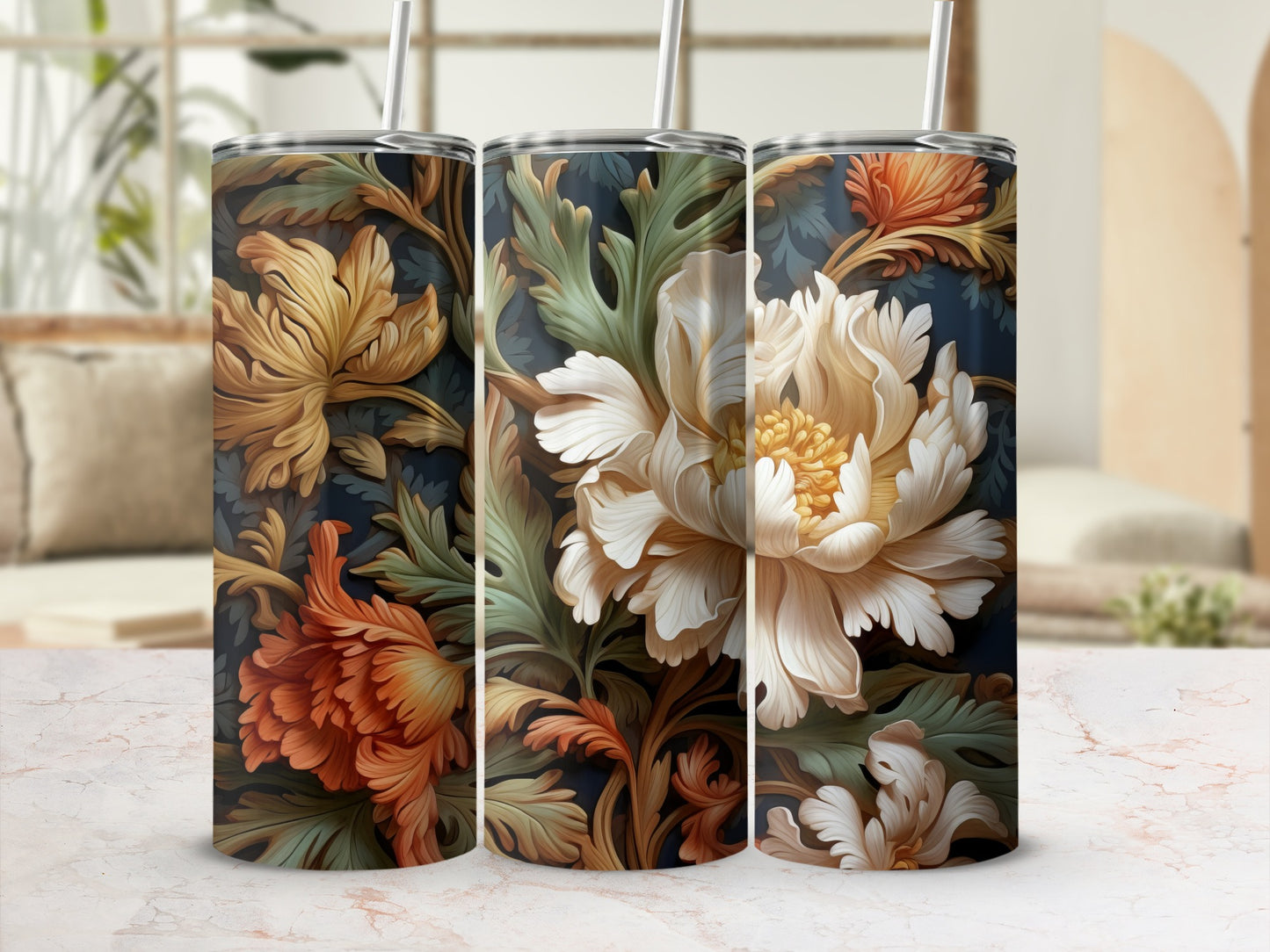 Three tumblers with a detailed floral pattern in warm, muted colors.