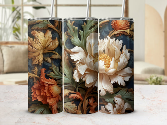 Three tumblers with a detailed floral pattern in warm, muted colors.