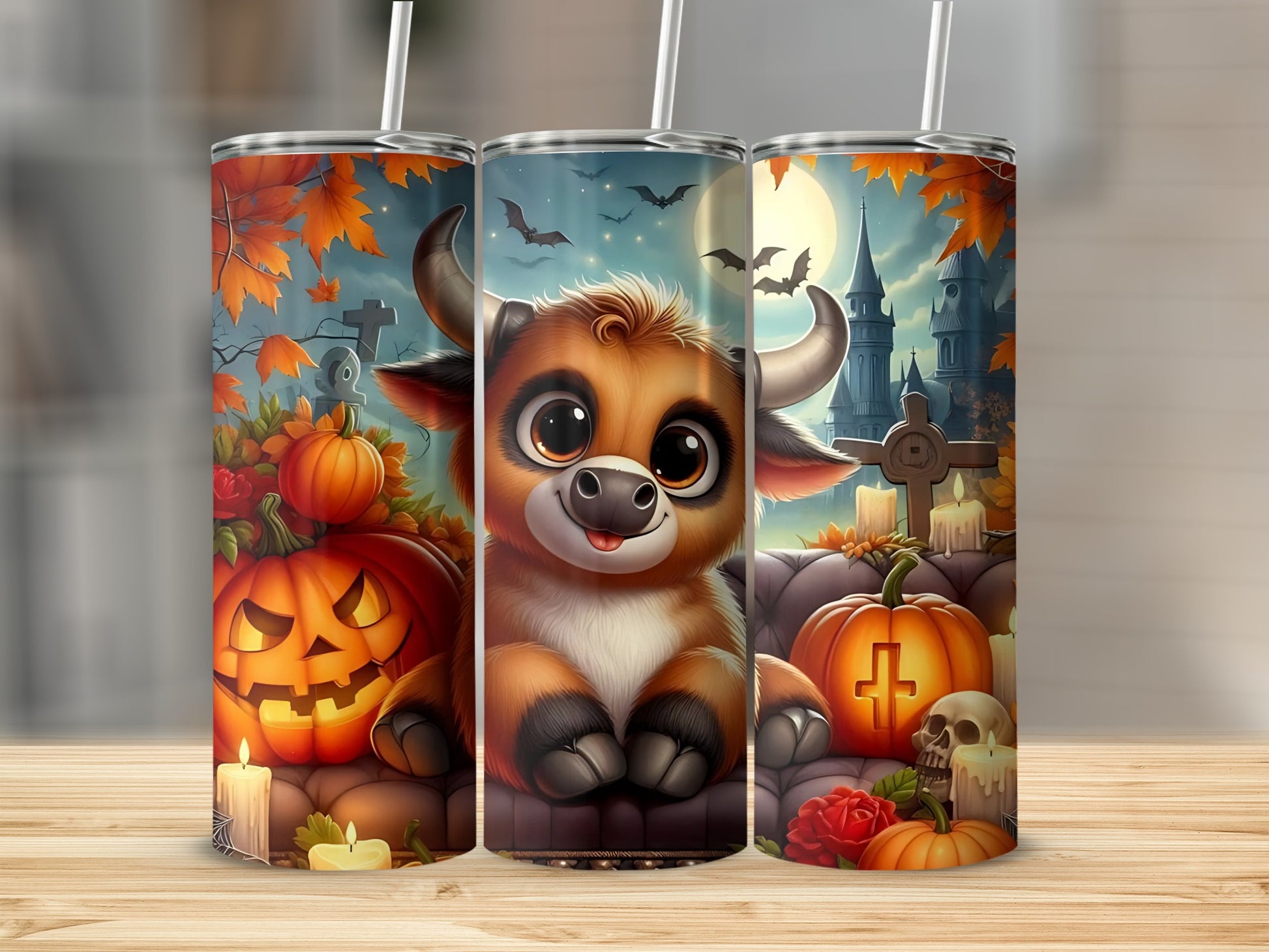 Halloween Pumpkin and Cute Bull Tumbler for Spooky Season