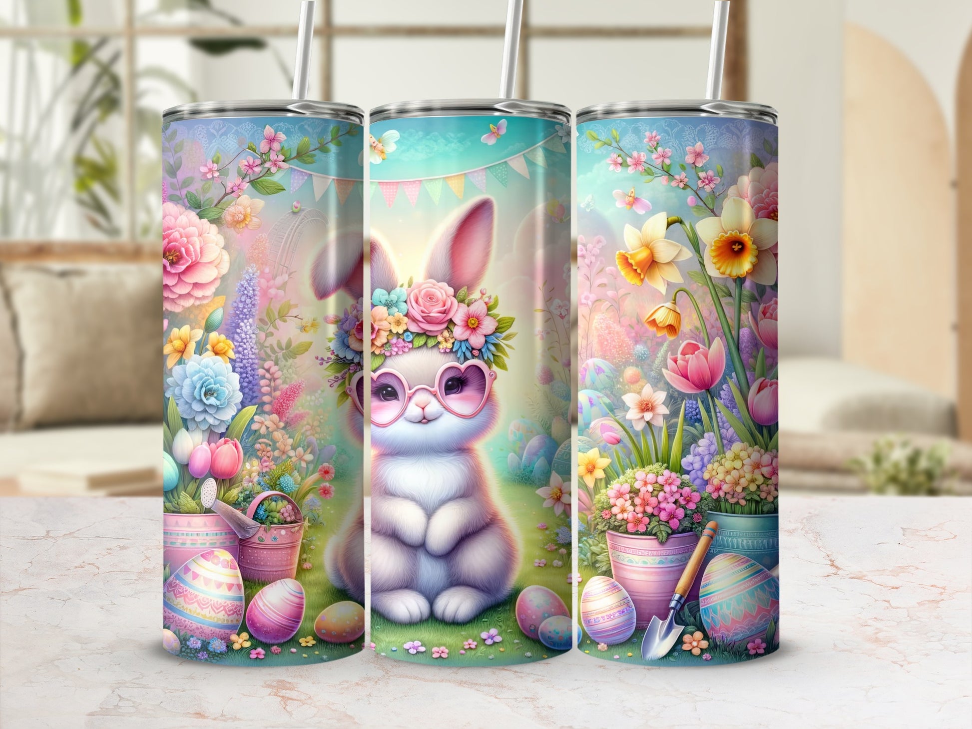 Easter bunny in sunglasses surrounded by flowers and decorated eggs.
