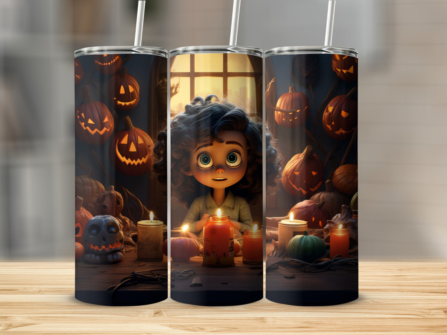 Halloween tumbler with a girl, jack-o'-lanterns, and candles.