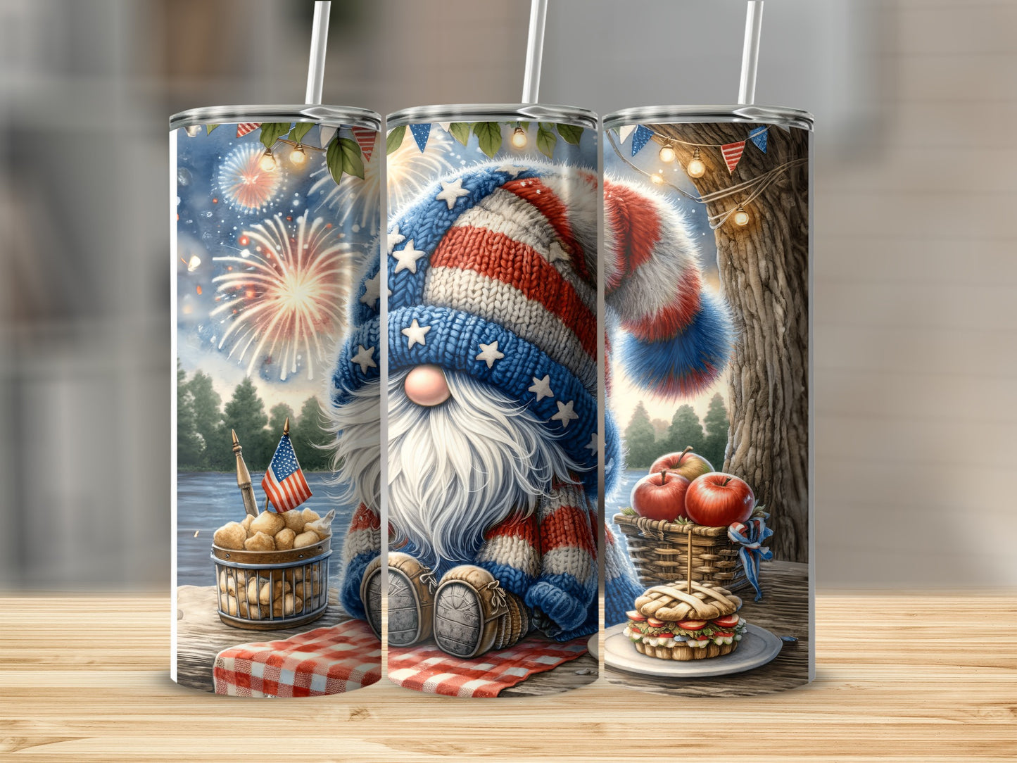 Patriotic gnome in striped hat with fireworks, apples, and sandwich.