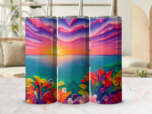 Three tumblers with colorful abstract floral design and sunset ocean backdrop.