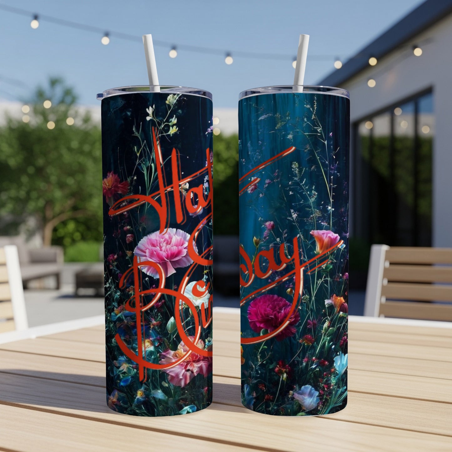 Two tumblers with "Happy Birthday" text against a dark floral background.