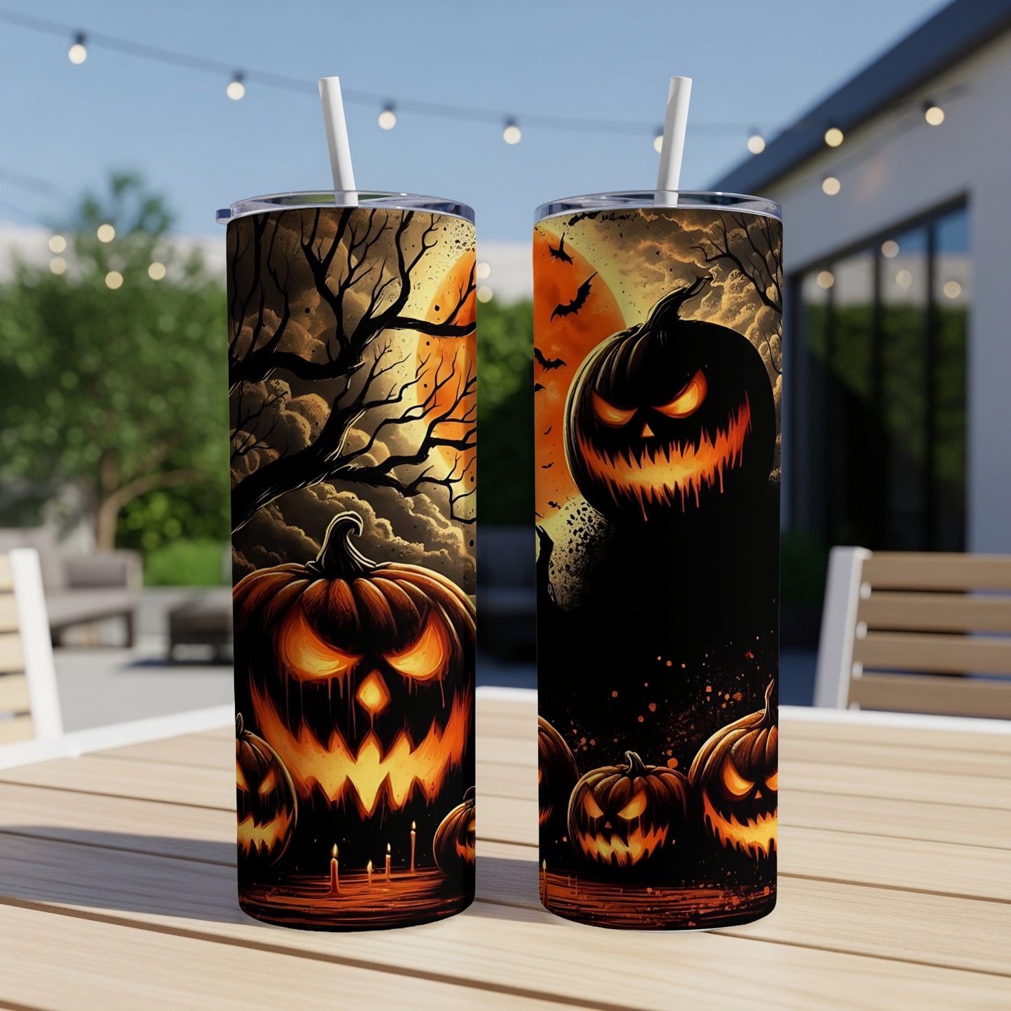 Two tumblers with a Halloween theme, featuring jack-o'-lanterns and a spooky moonlit scene.