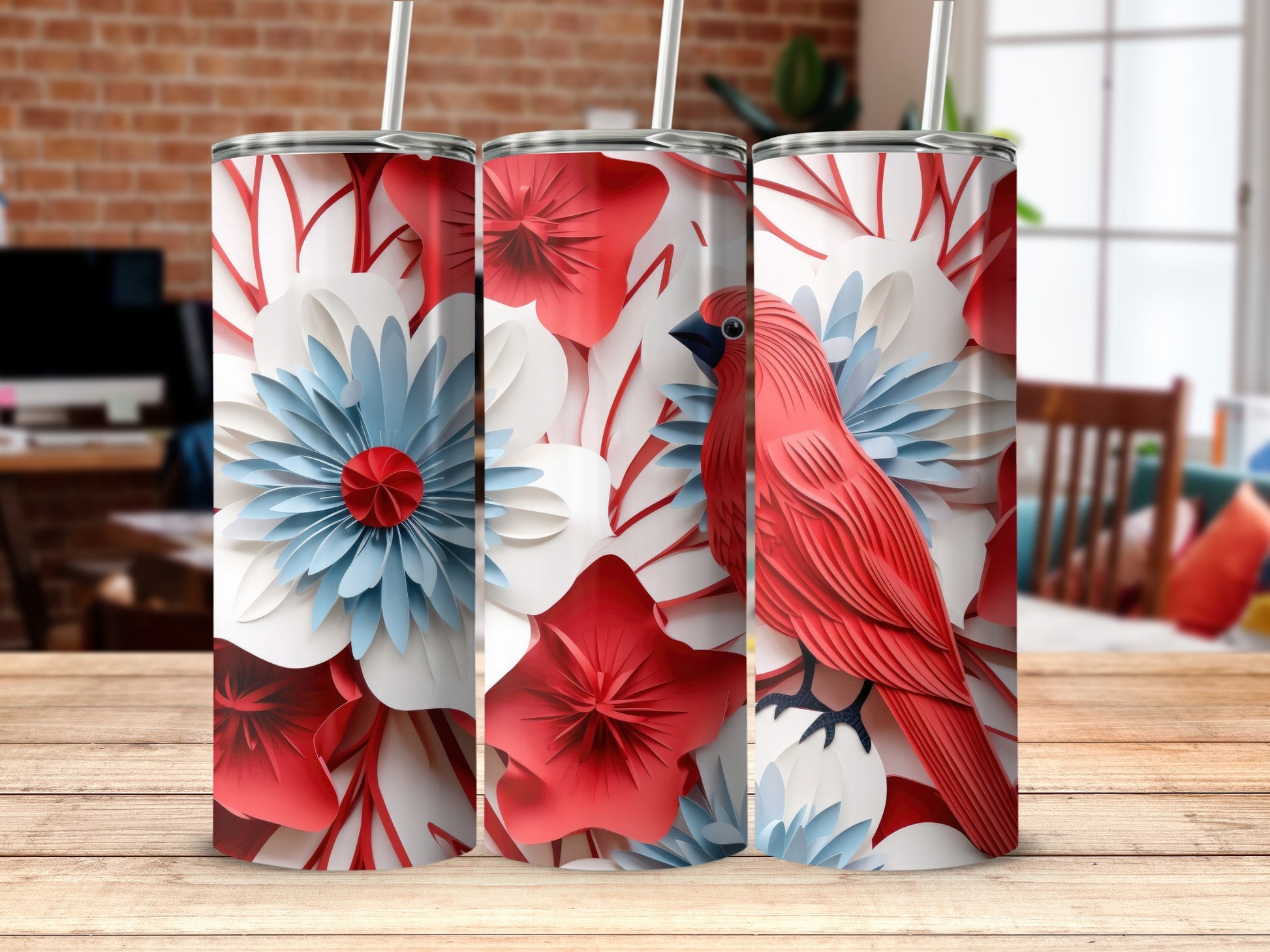 Floral and Bird Pattern Tumbler with Straw