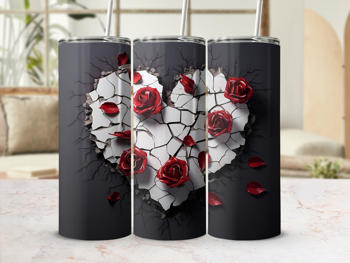Cracked Heart with Red Roses Design Tumbler