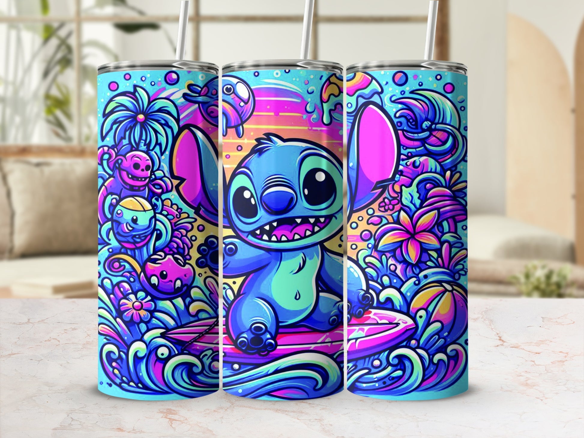 Stitch on a surfboard with colorful, vibrant ocean and island elements.