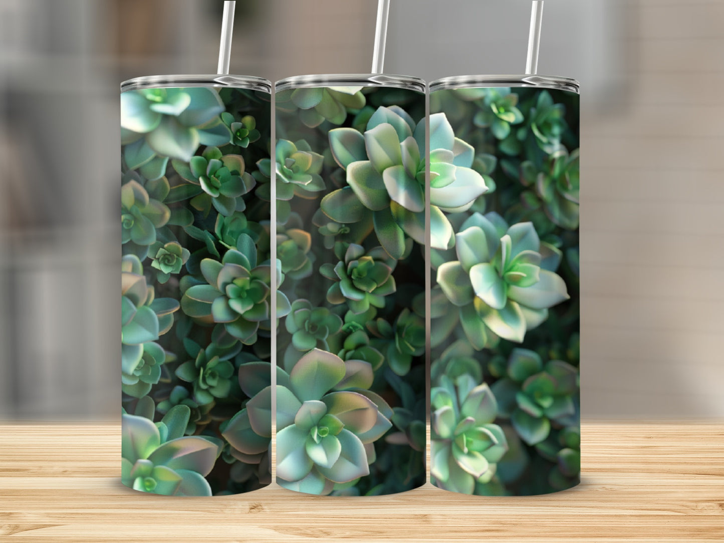 Three tumblers with a close-up pattern of green succulent plants.