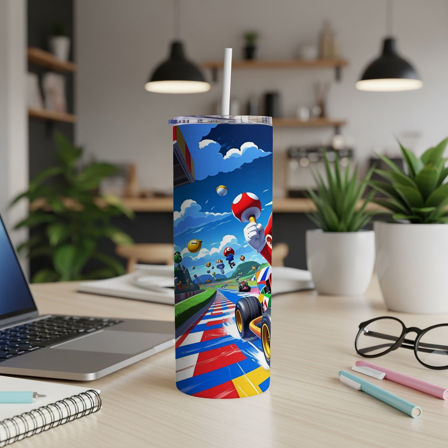 Mario Kart characters race on a colorful track on a tumbler.
