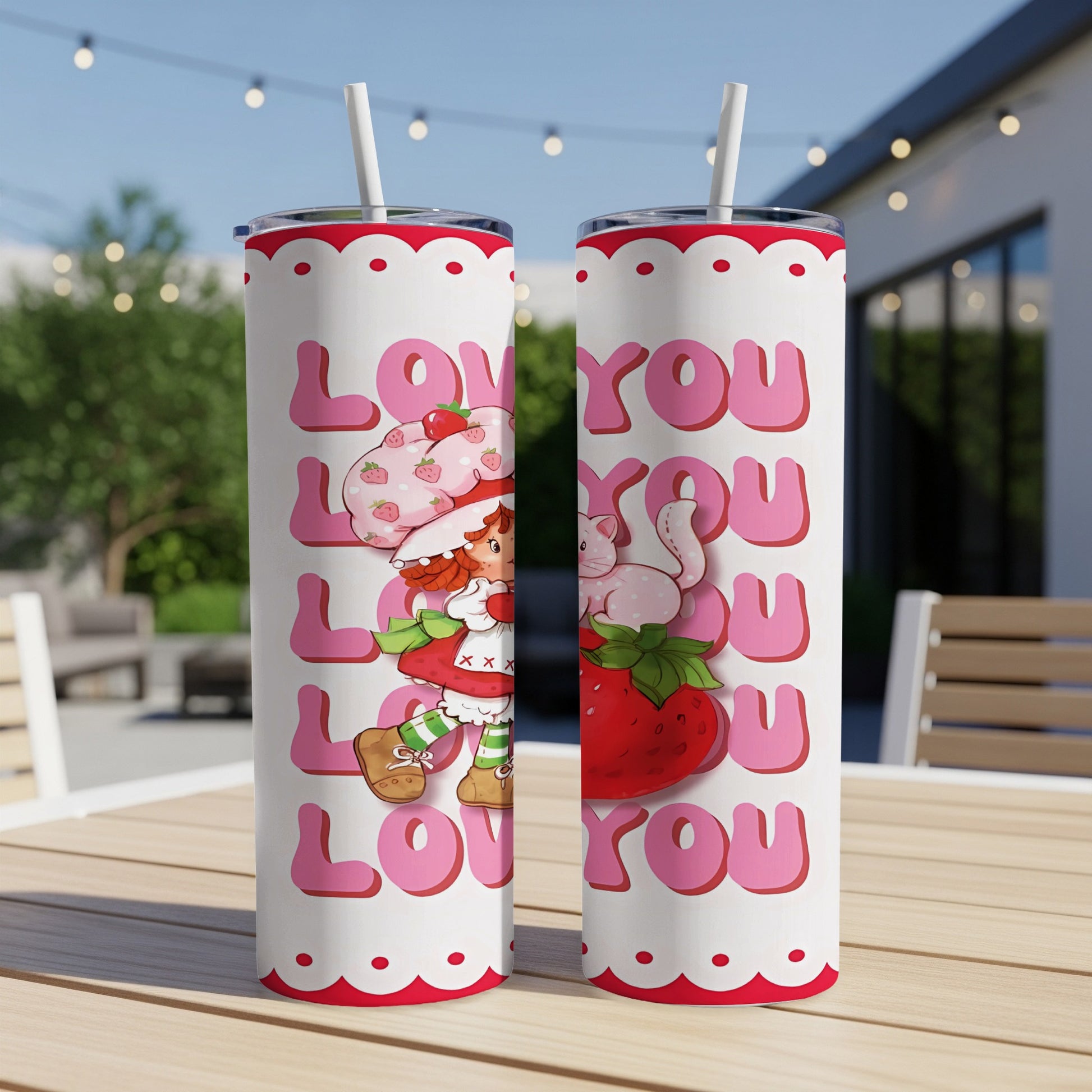 Strawberry Shortcake with strawberry and cat on a pink tumbler.