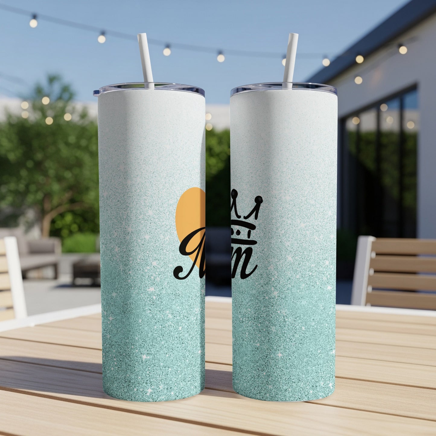 Two tall tumblers with glittery blue ombre and "Mom" text.