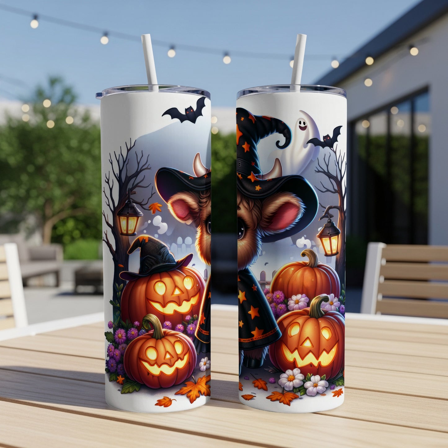 Two tumblers with a Halloween design featuring a cow and pumpkins.
