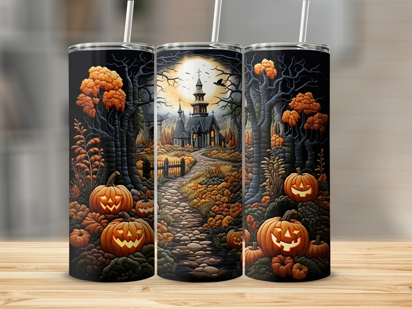 Halloween tumblers with spooky forest scene, jack-o'-lanterns, and a moonlit castle.