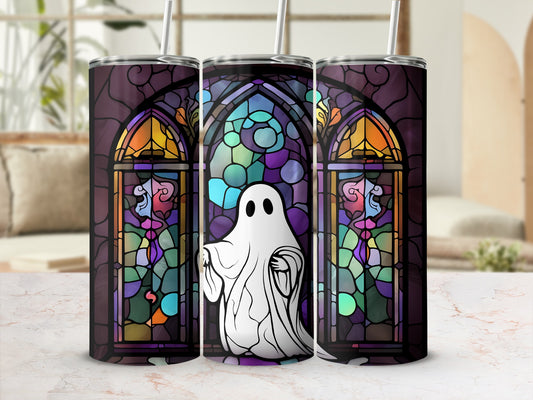 Ghost in stained glass pattern on a tumbler, with straw.