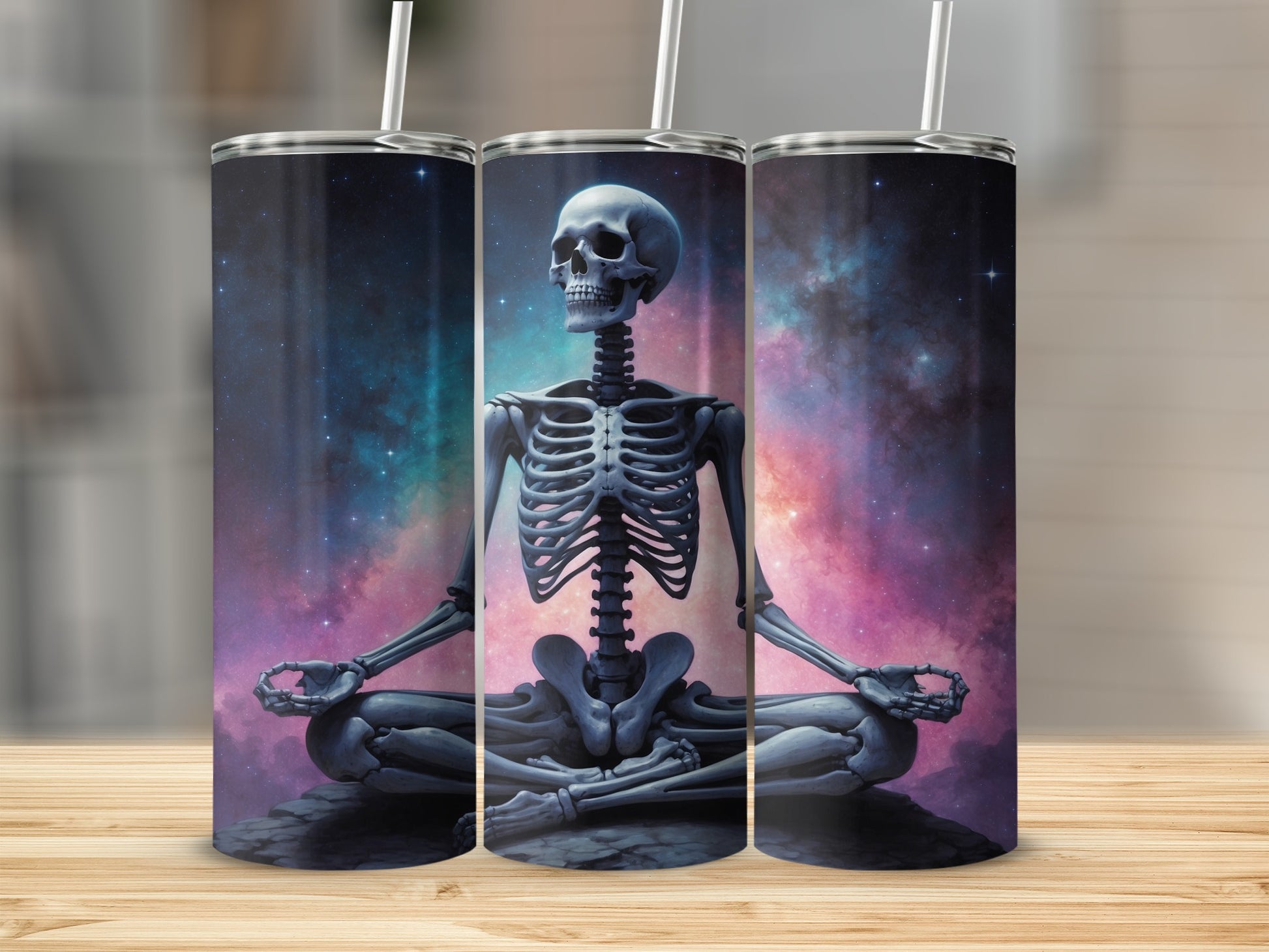 Skeleton meditating on rock against colorful nebula background.