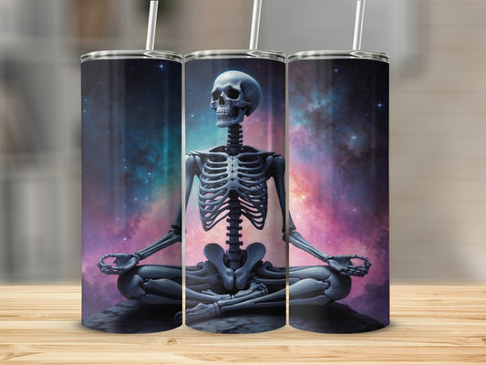 Skeleton meditating on rock against colorful nebula background.