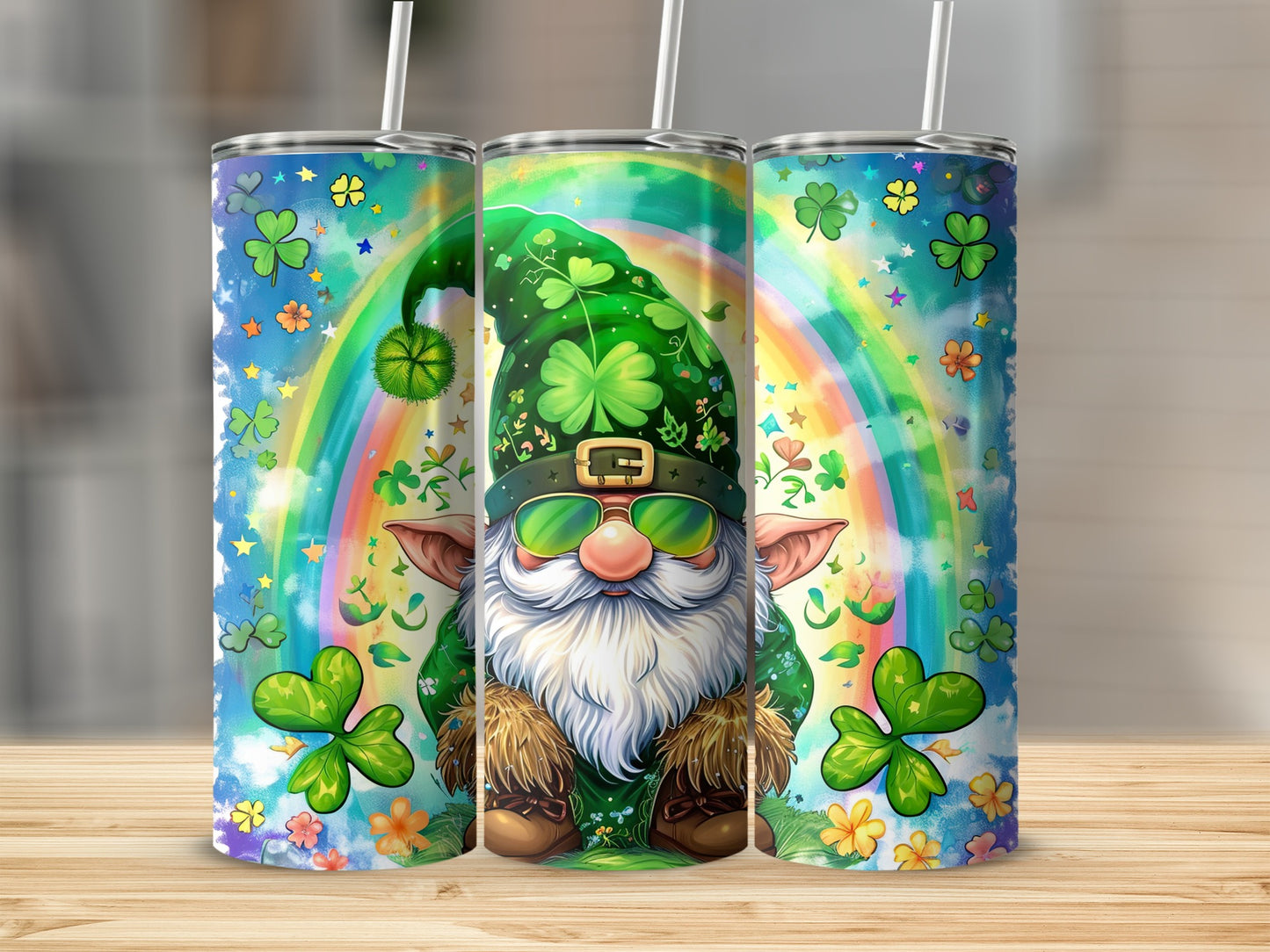 St. Patrick's Day gnome with sunglasses on a rainbow background.