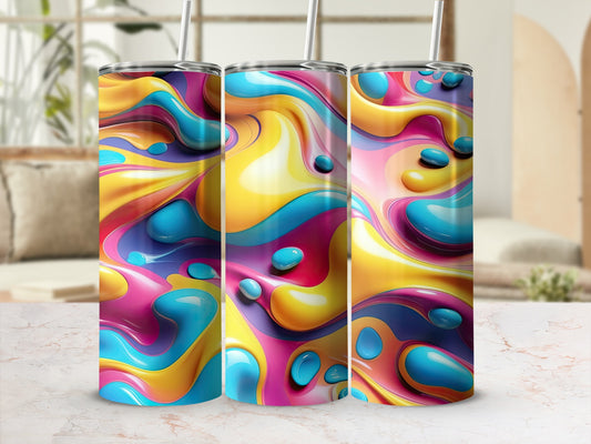 Three tumblers with colorful abstract liquid art design.