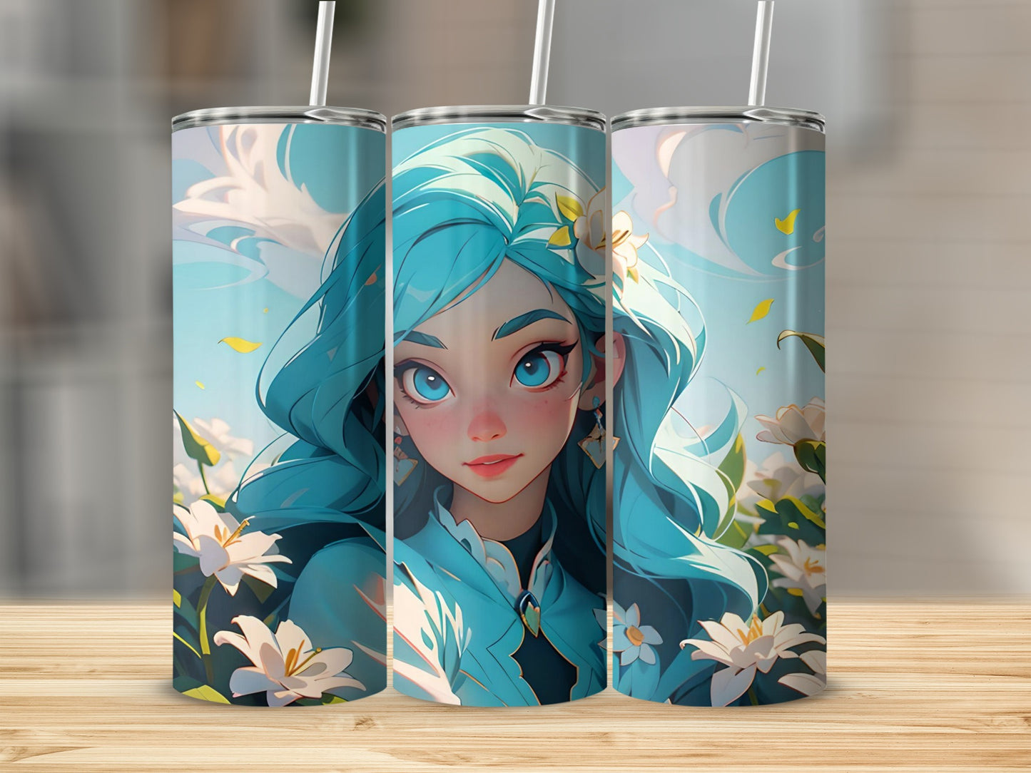 Vibrant Anime Inspired Blue Haired Character Tumbler Design