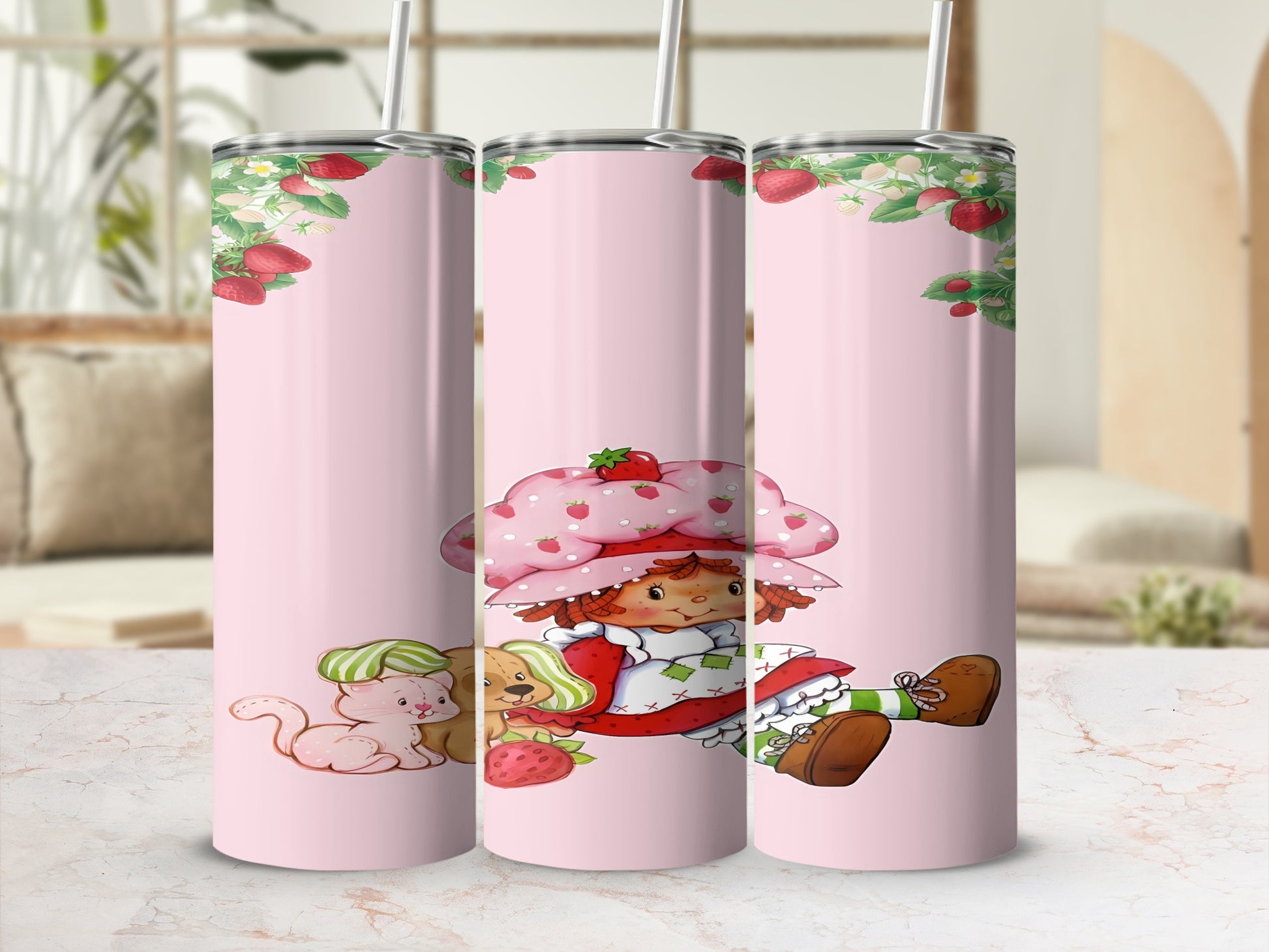 Strawberry Shortcake character with cat and dog on a pink background.