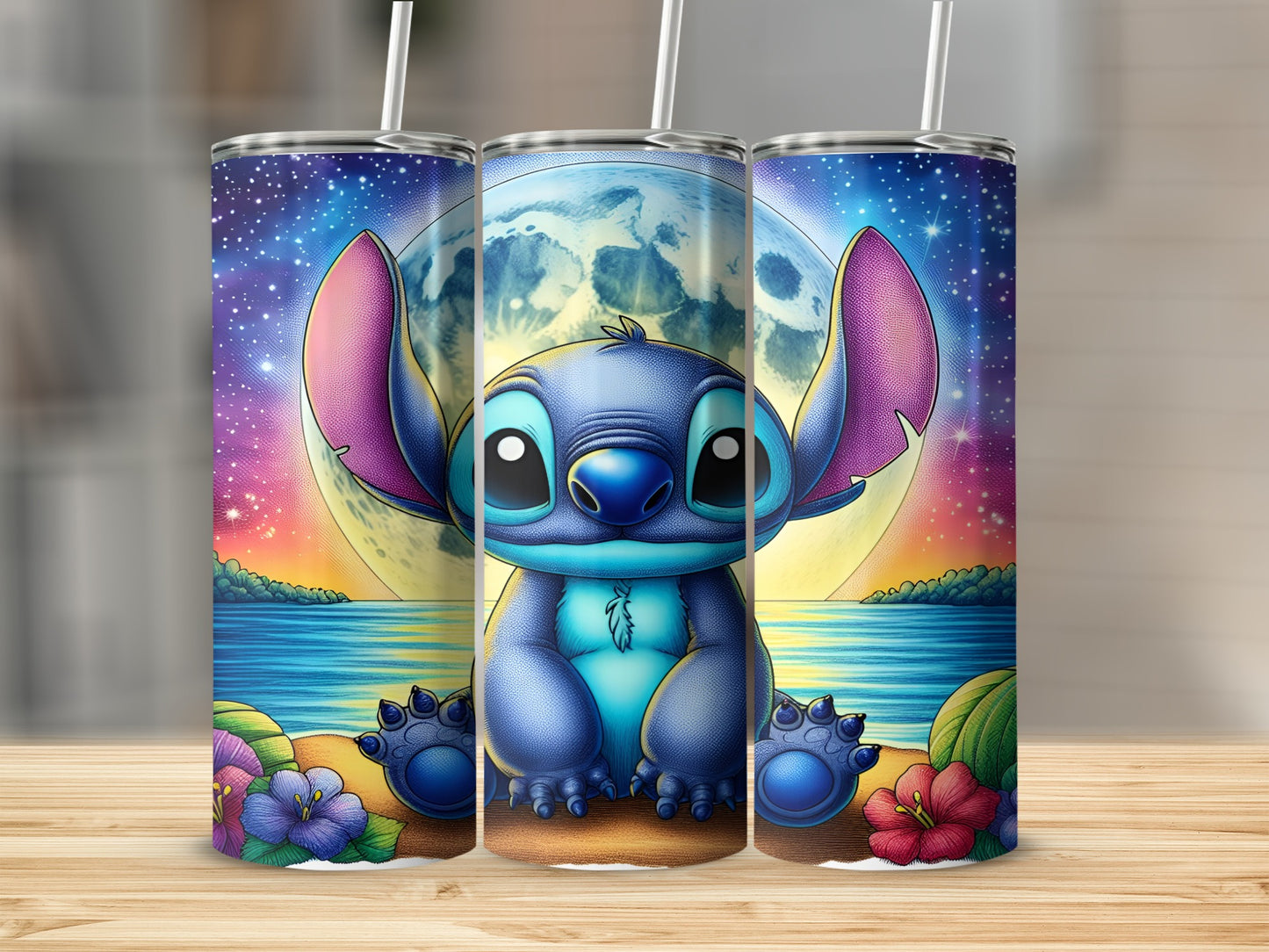 Stitch sitting on beach with moon and flowers.