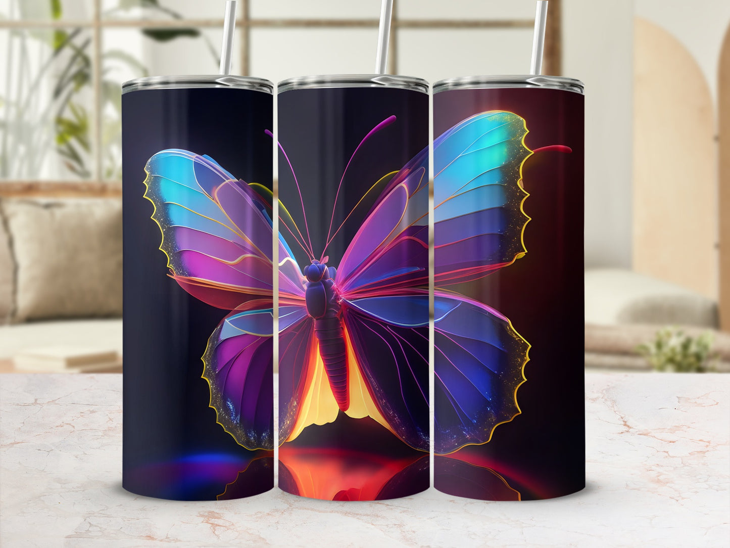 Three tumblers featuring a colorful, iridescent butterfly design.