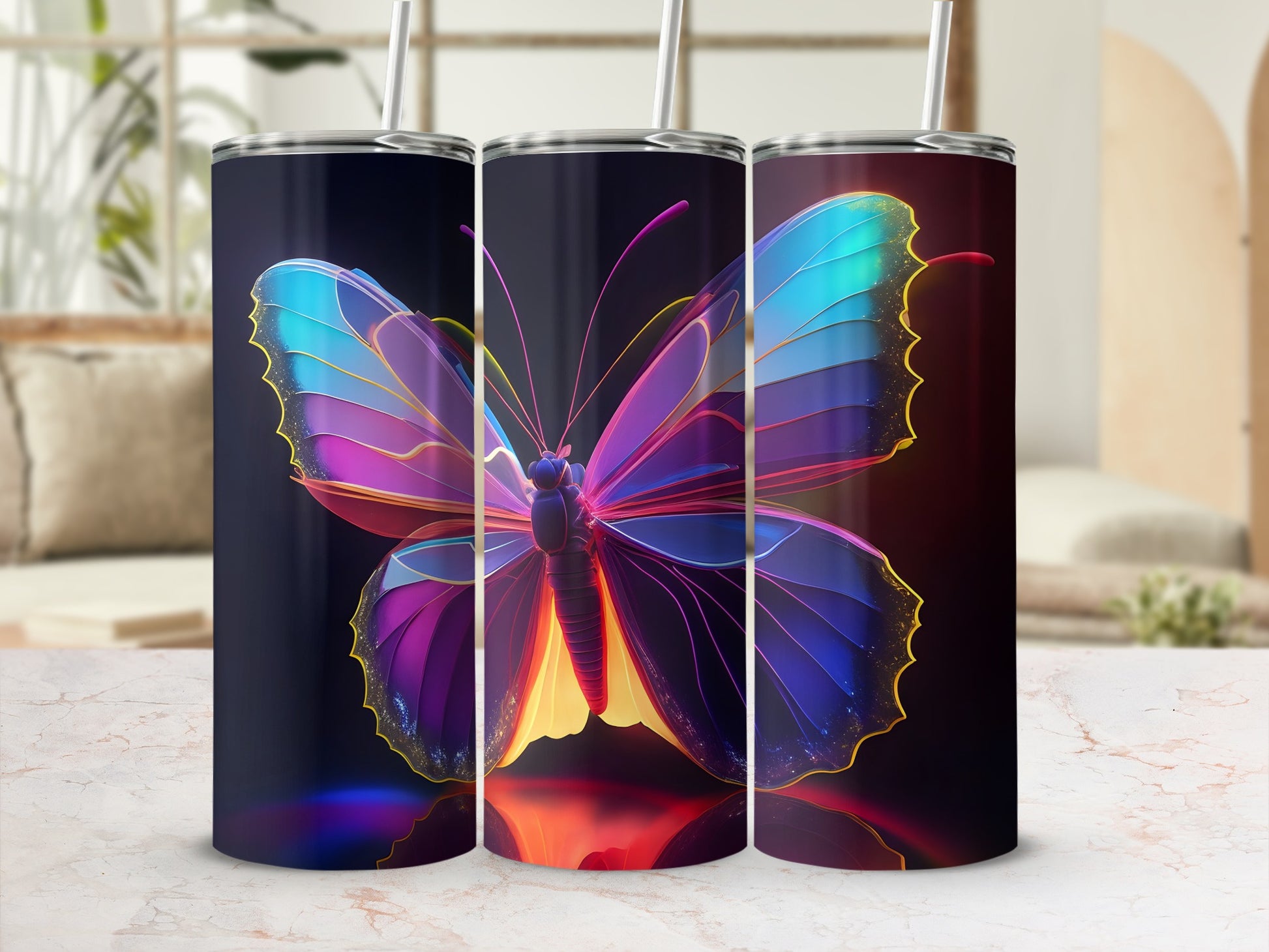 Three tumblers featuring a colorful, iridescent butterfly design.