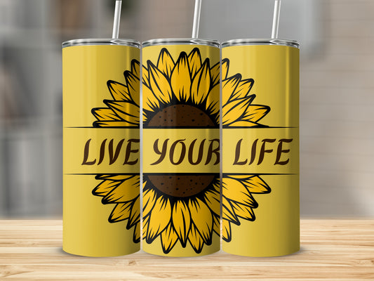 Live Your Life Sunflower Print Tumbler Cup
