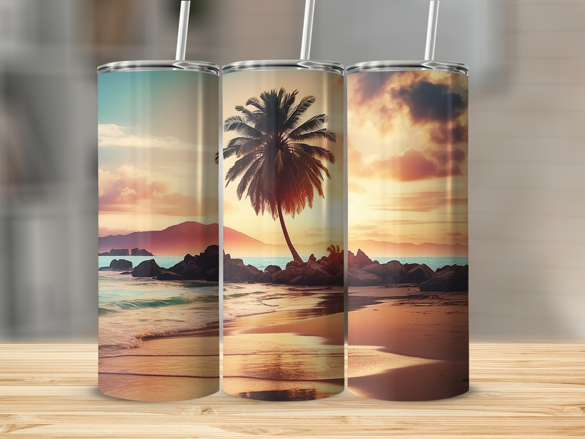 Serene Tropical Beach Scene Tumbler Set for Tranquil Vibes