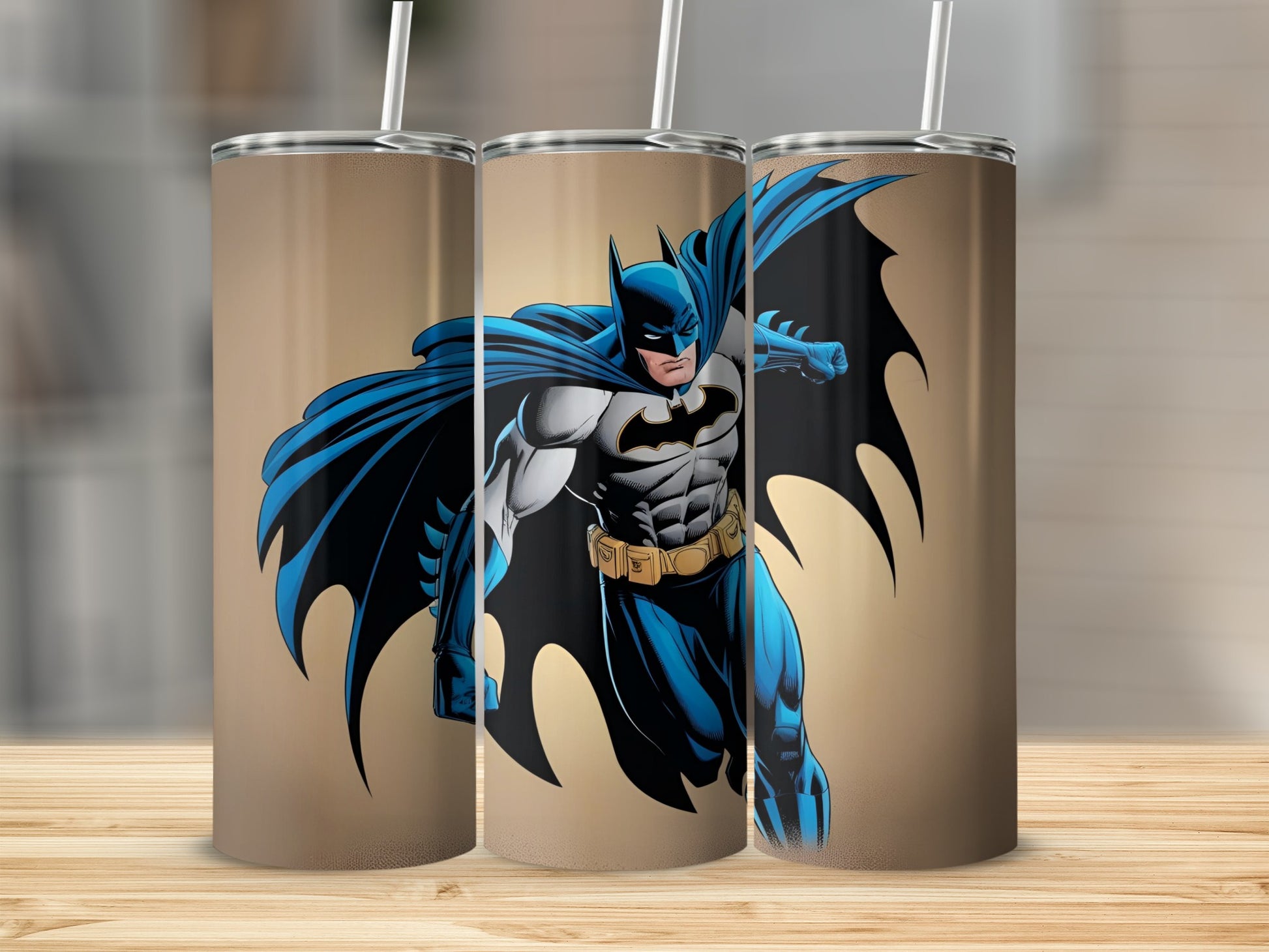 Batman in dynamic pose with blue and grey costume on a tumbler.
