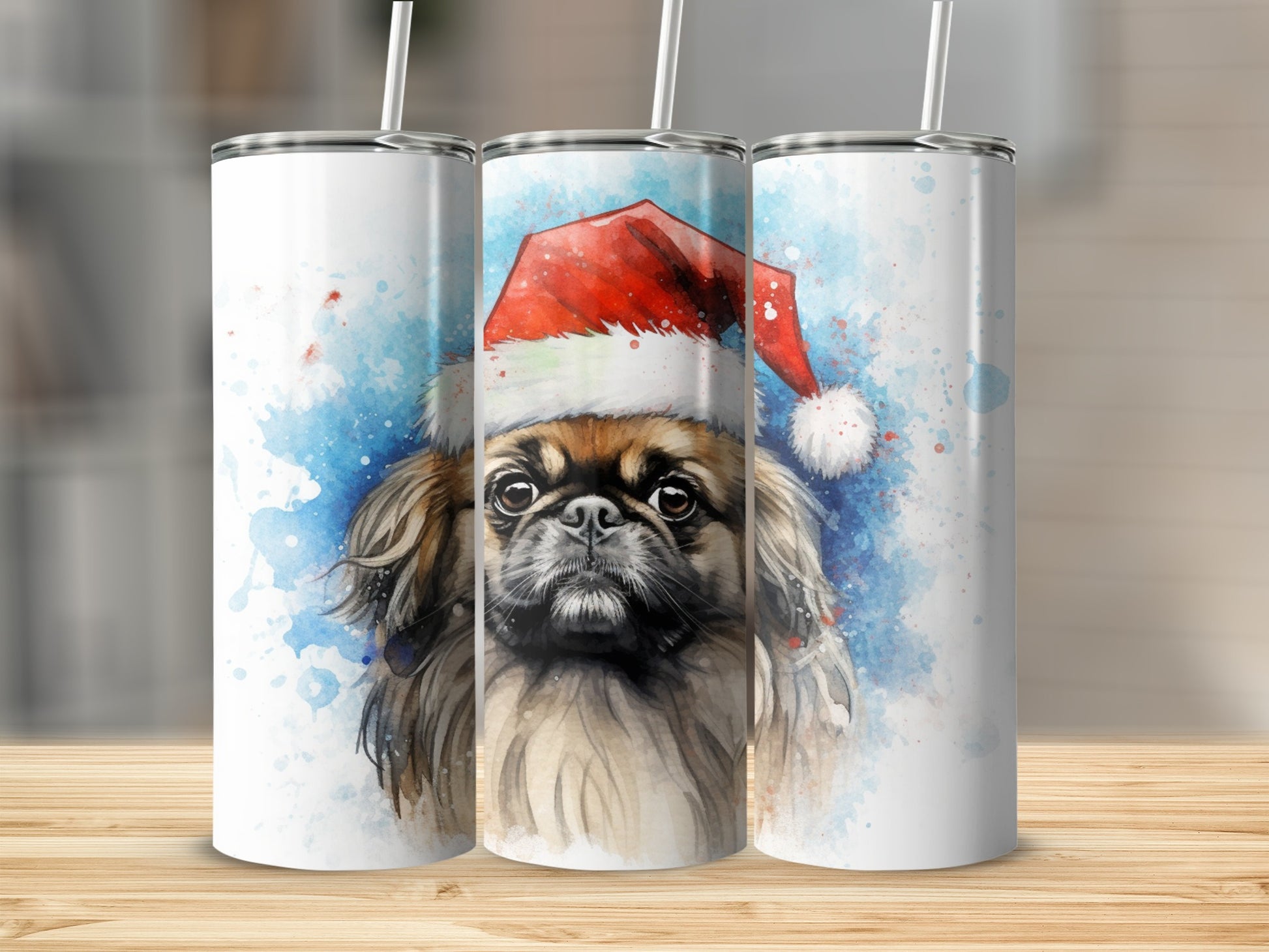 Peeking dog in Santa hat on three tumblers, watercolor art.