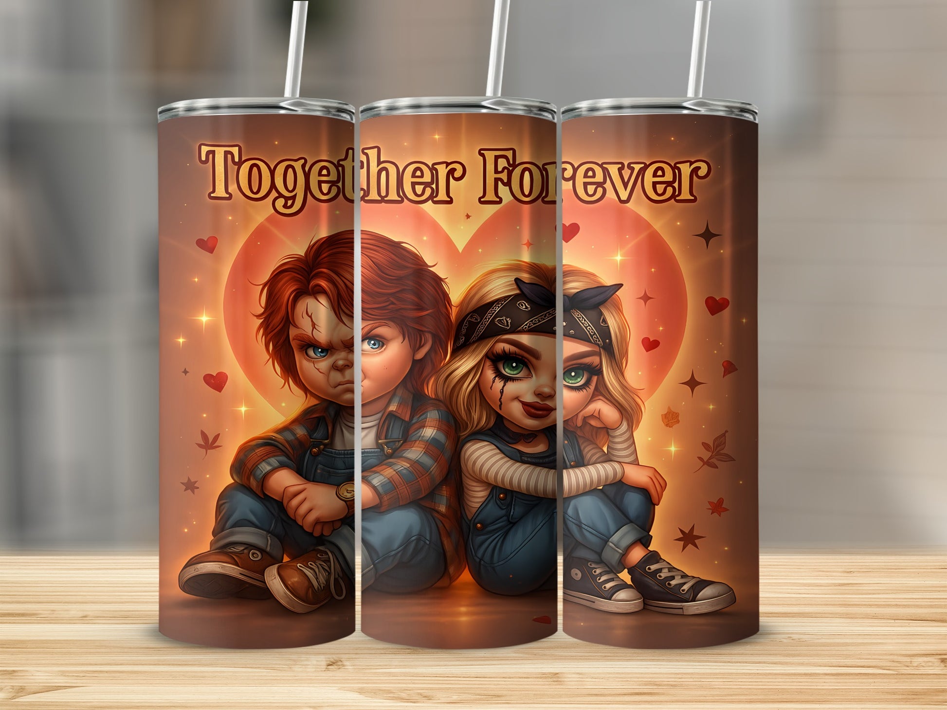 Two cartoon dolls sit side-by-side with "Together Forever" text above them.