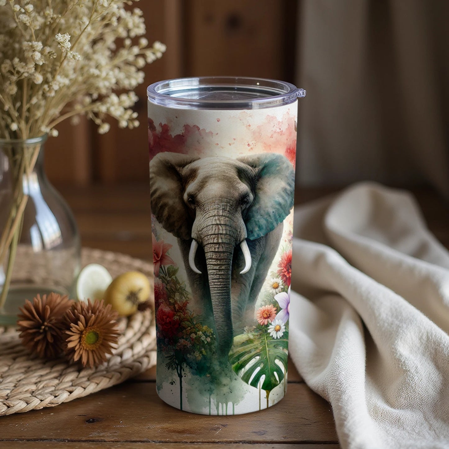 Elephant and Floral Design Insulated Tumbler Cup