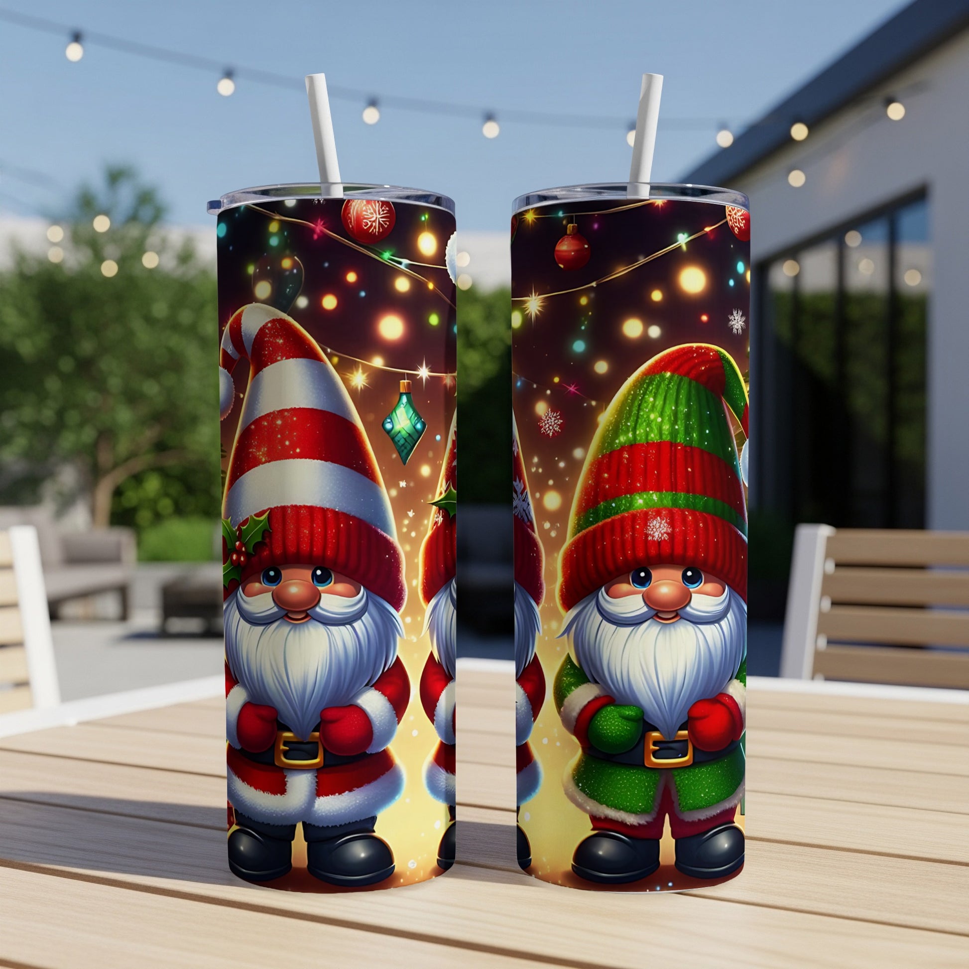 Two Christmas gnomes on tumblers with bokeh lights and ornaments.