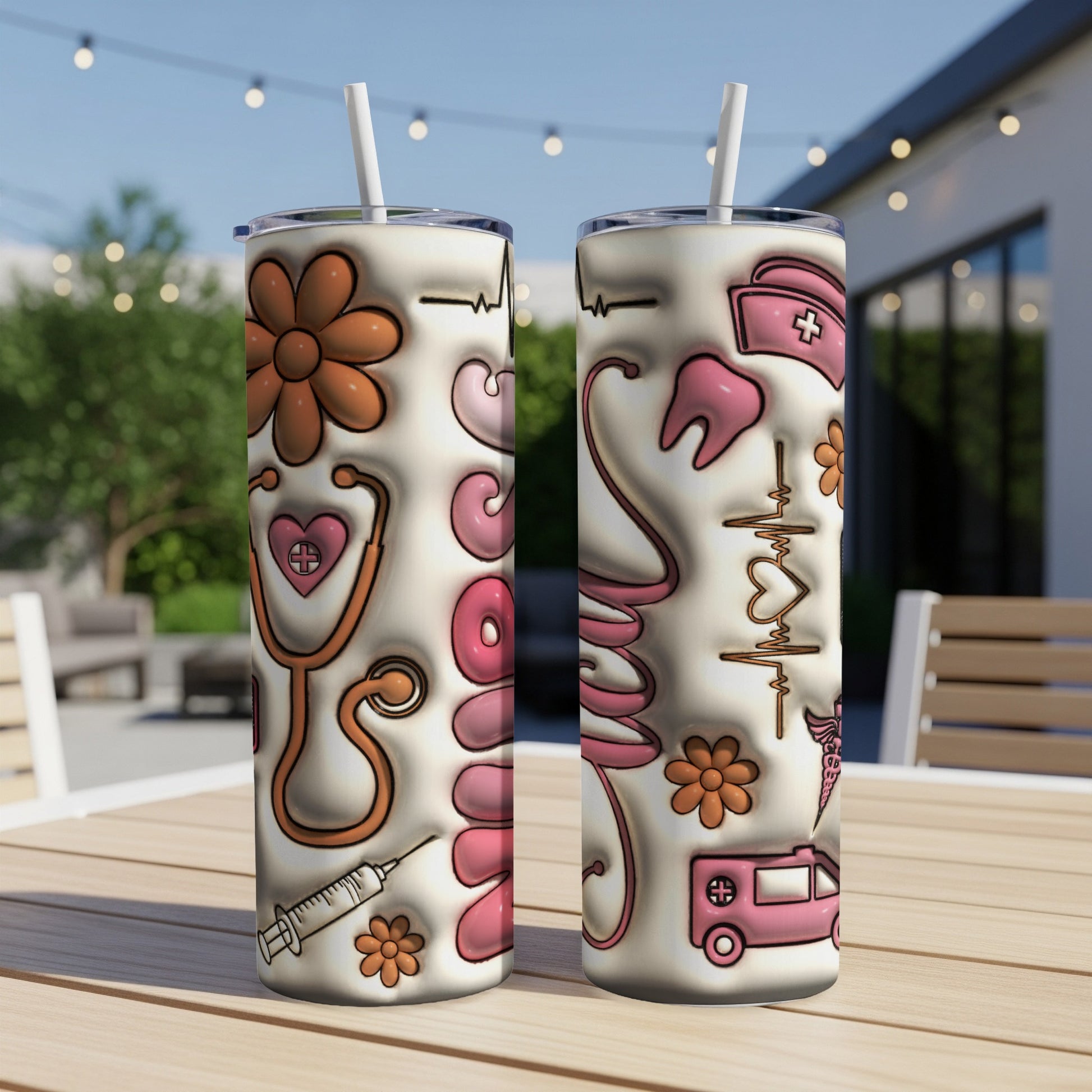 Two skinny tumblers with medical-themed illustrations and flowers.