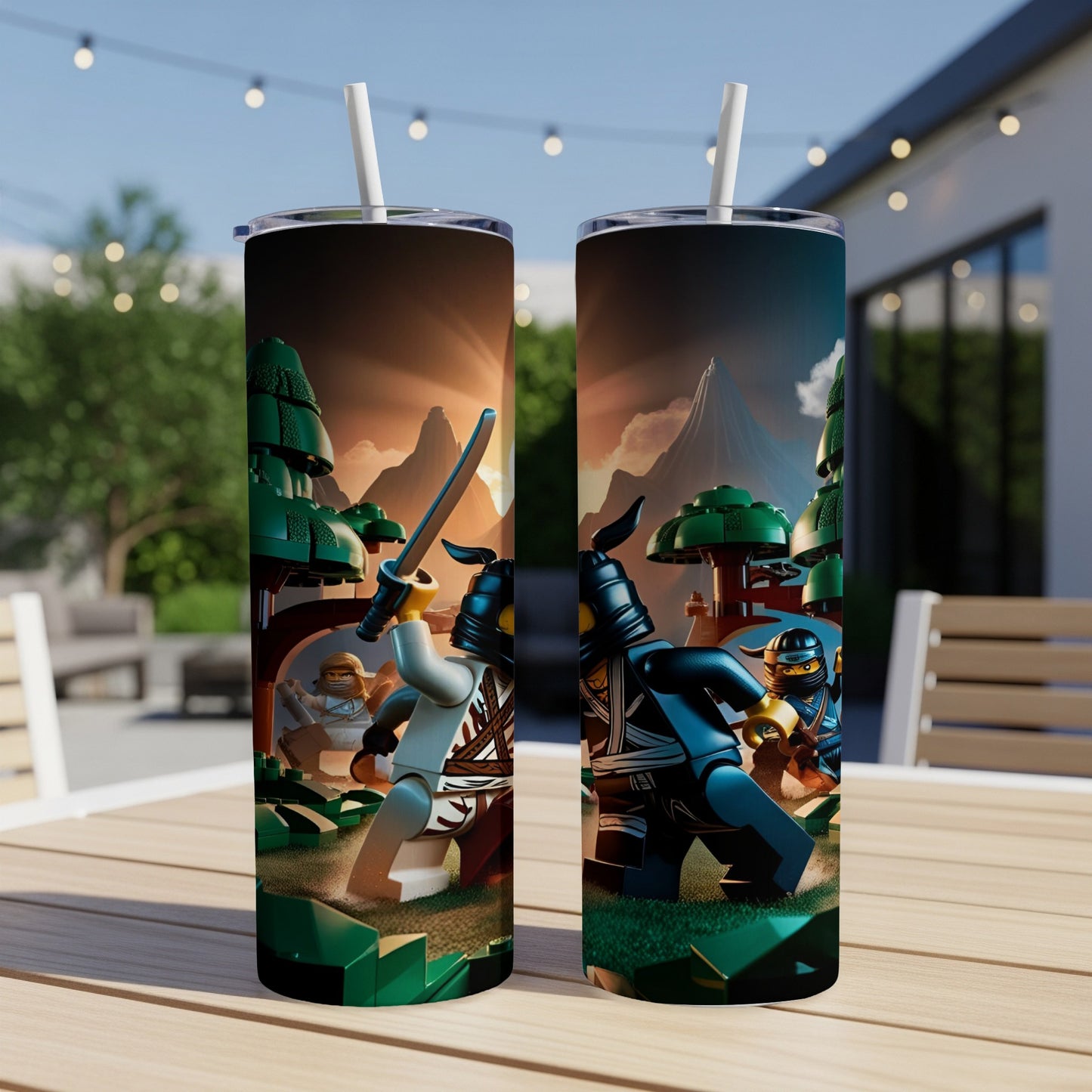 Two Lego Ninjago characters in battle, set against a stylized mountainous landscape.